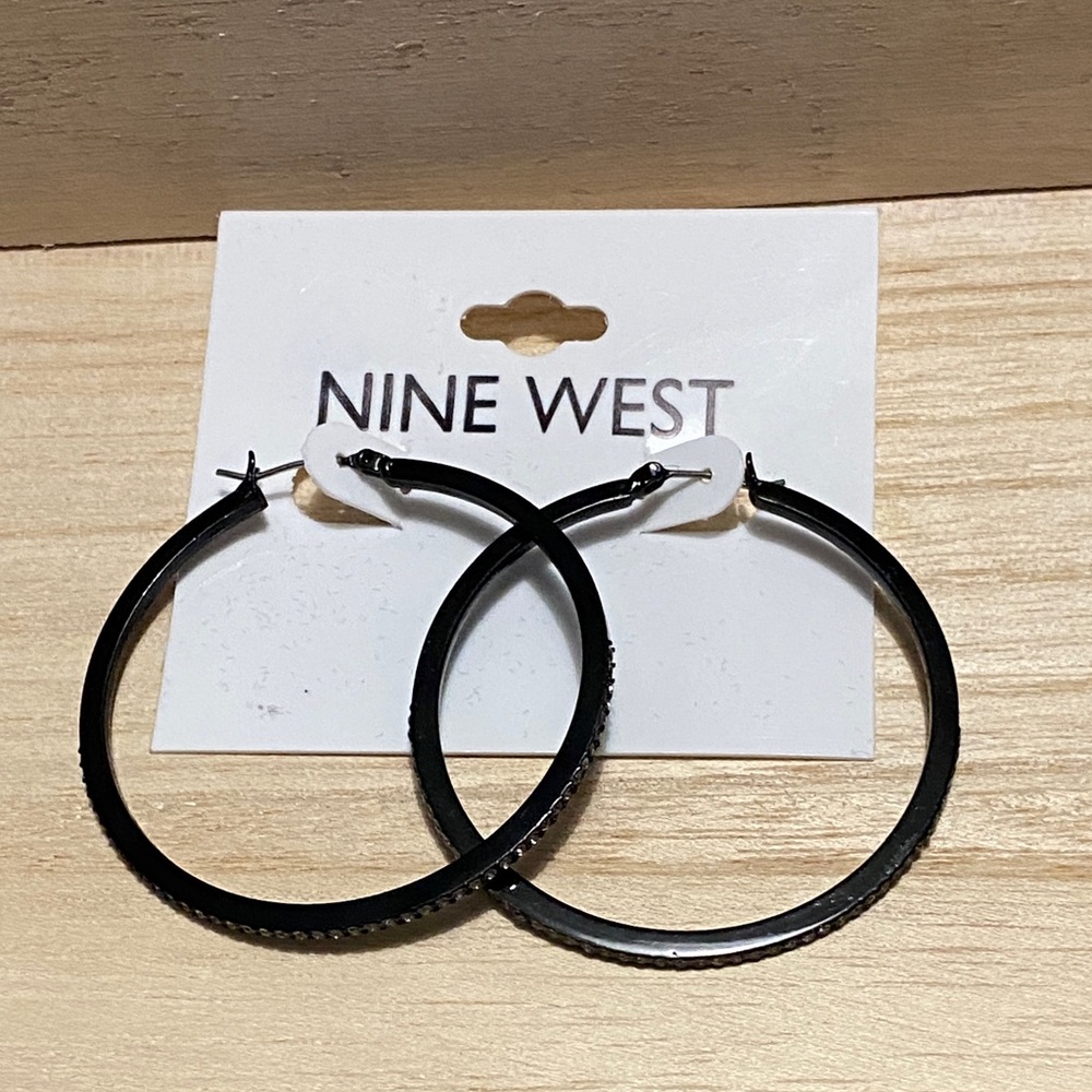 Nine West Sleek Black Hoop Earrings with crystal edging NEW